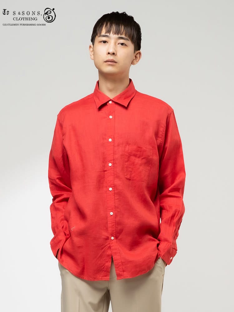 S＆SONS (エスアンドサンズ) 麻100％ 無地 ポケット レギュラーカラー 長袖シャツ
