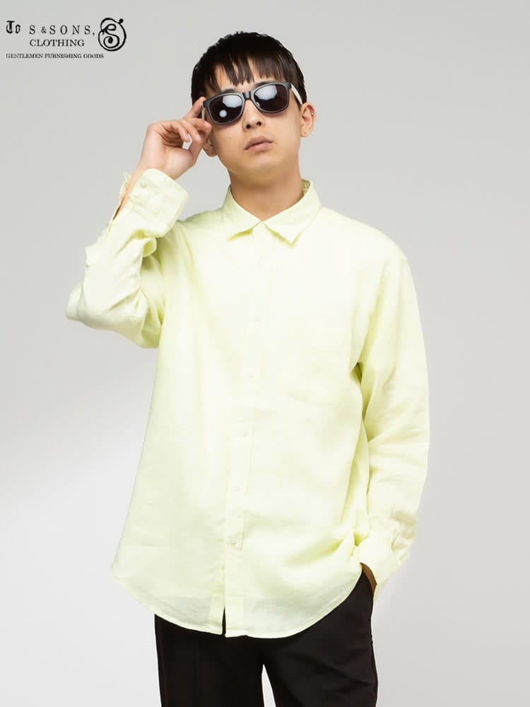 S＆SONS (エスアンドサンズ) 麻100％ 無地 ポケット レギュラーカラー 長袖シャツ