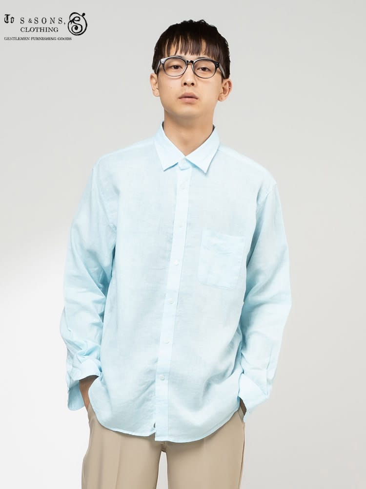 S＆SONS (エスアンドサンズ) 麻100％ 無地 ポケット レギュラーカラー 長袖シャツ