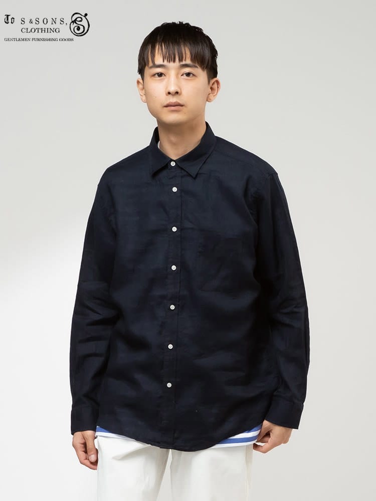 S＆SONS (エスアンドサンズ) 麻100％ 無地 ポケット レギュラーカラー 長袖シャツ