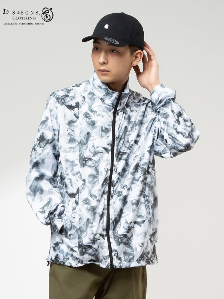 S＆SONS (エスアンドサンズ) ポケッタブル 撥水 防花粉 多機能 総柄 フルジップ ウィンドブレーカー