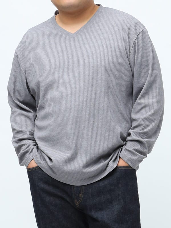 大きいサイズ メンズ B＆T CLUB 針立て ストライプ Vネック 長袖 Tシャツ ロンT