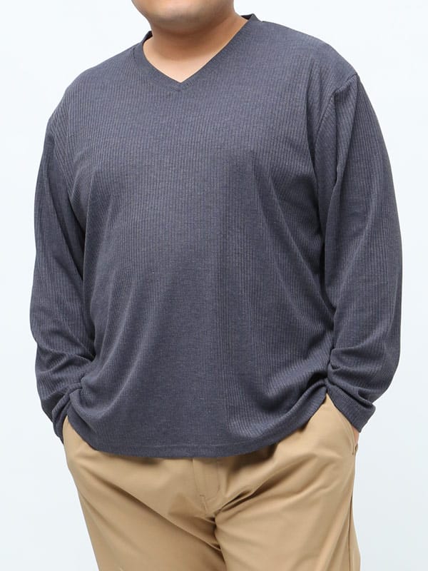 大きいサイズ メンズ B＆T CLUB 針立て ストライプ Vネック 長袖 Tシャツ ロンT