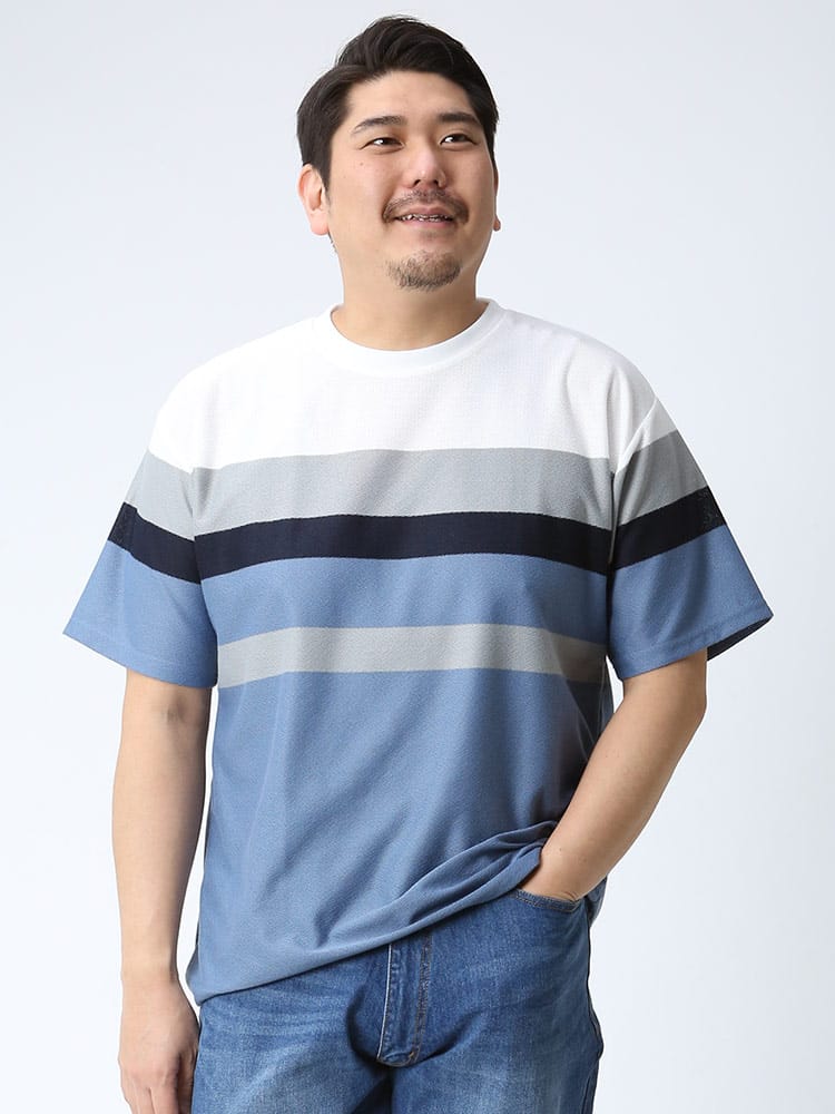 大きいサイズ メンズ B＆T CLUB 梨地ボーダー クルーネック 半袖 Tシャツ