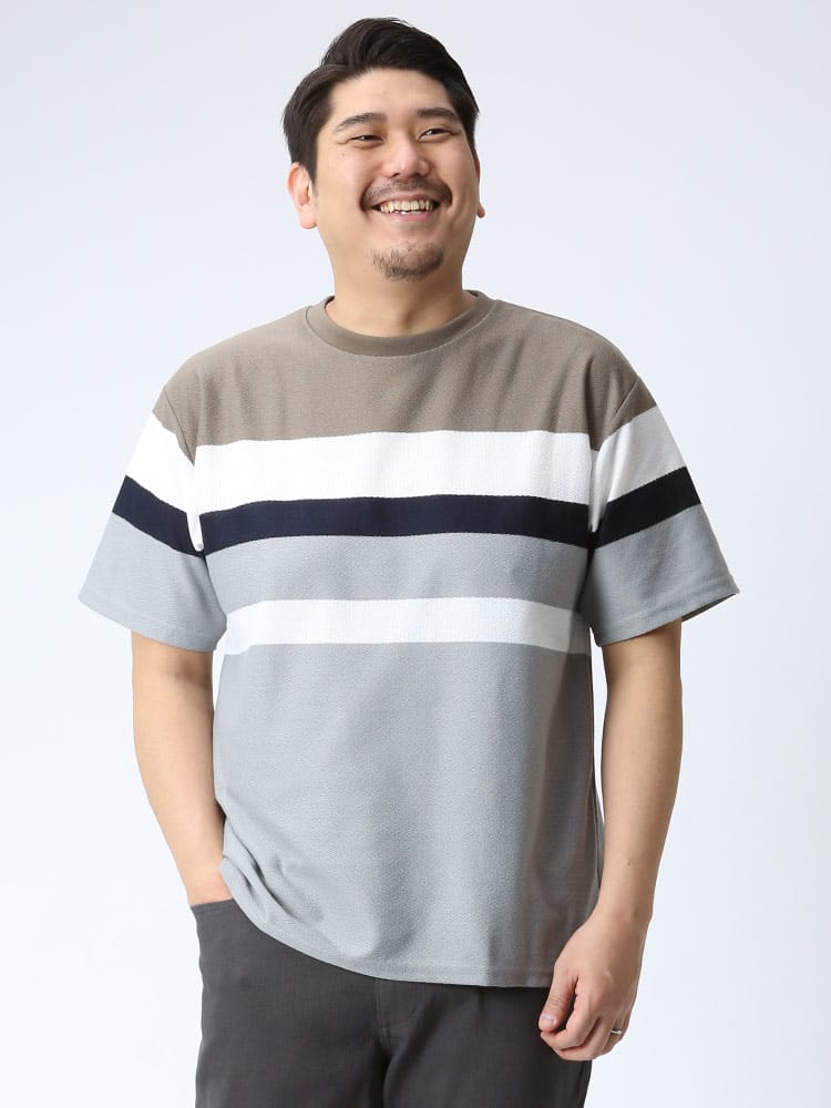 大きいサイズ メンズ B＆T CLUB 梨地ボーダー クルーネック 半袖 Tシャツ