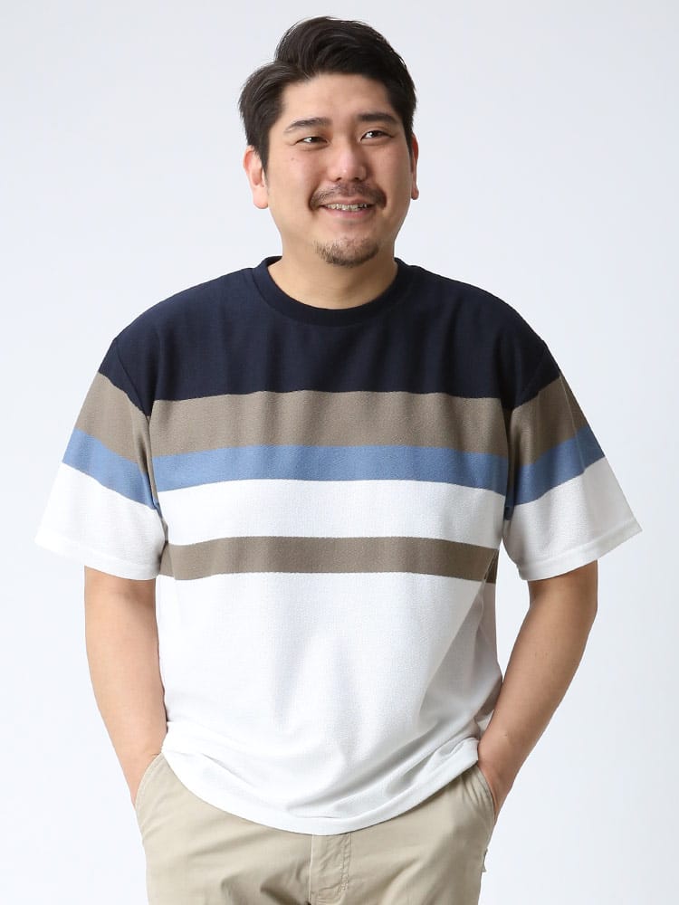 大きいサイズ メンズ B＆T CLUB 梨地ボーダー クルーネック 半袖 Tシャツ