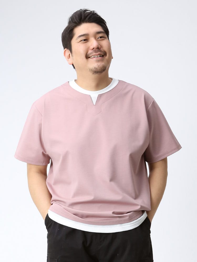 大きいサイズ メンズ B＆T CLUB グログランジャージー フェイクレイヤード キーネック 半袖 Tシャツ