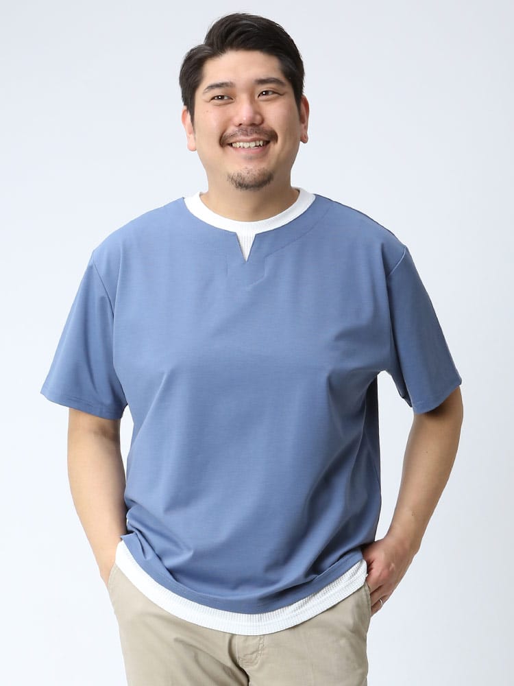 大きいサイズ メンズ B＆T CLUB グログランジャージー フェイクレイヤード キーネック 半袖 Tシャツ