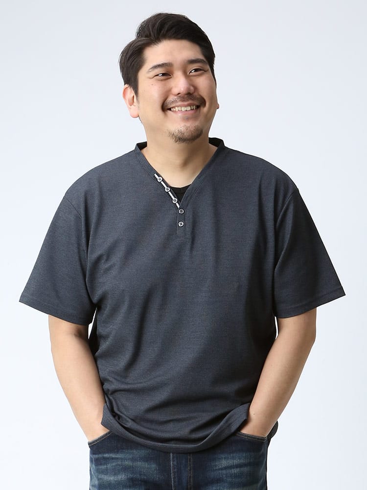 大きいサイズ メンズ B＆T CLUB カチオン 鹿の子 Vヘンリーネック 半袖 Tシャツ