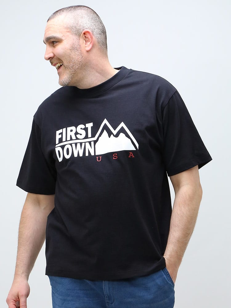 大きいサイズ メンズ FIRST DOWN USA (ファーストダウンユーエスエー) 綿100％ BIGロゴ クルーネック 半袖 Tシャツ