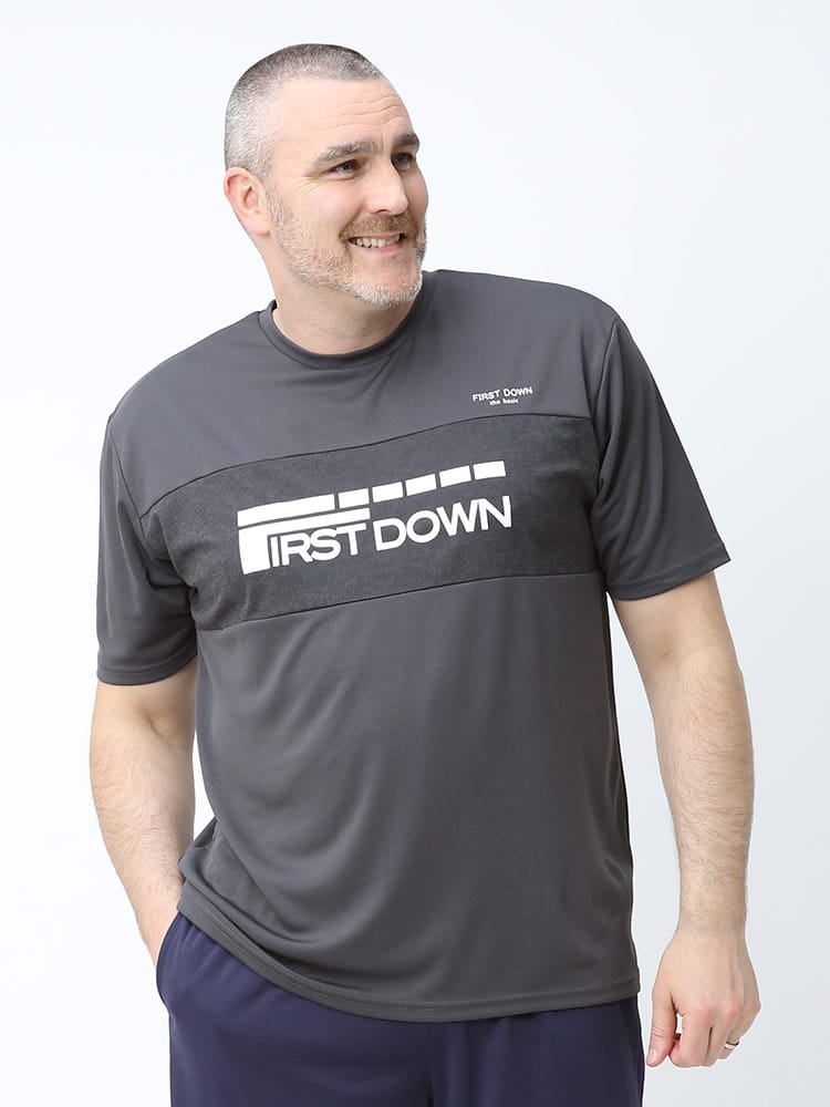 大きいサイズ メンズ FIRST DOWN BASIC (ファーストダウンベーシック) 吸水速乾 マイクロメッシュ 切り替え クルーネック 半袖 Tシャツ
