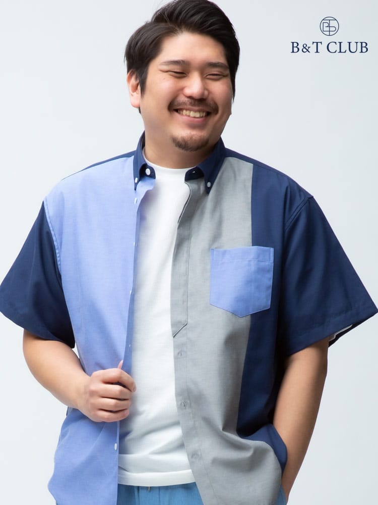 大きいサイズ メンズ B＆T CLUB 抗菌消臭テープ 縦切り替え ボタンダウン 半袖 オックスシャツ