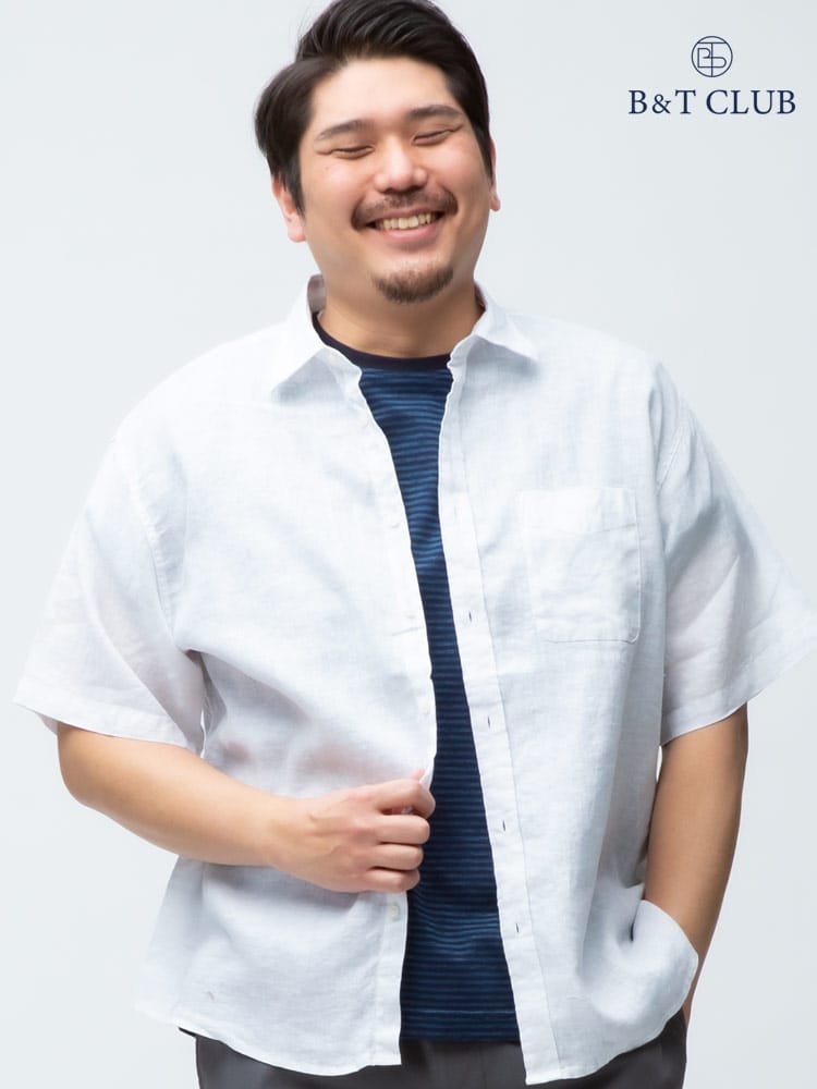大きいサイズ メンズ B＆T CLUB 抗菌消臭テープ 麻100％ 無地 レギュラーカラー 半袖シャツ