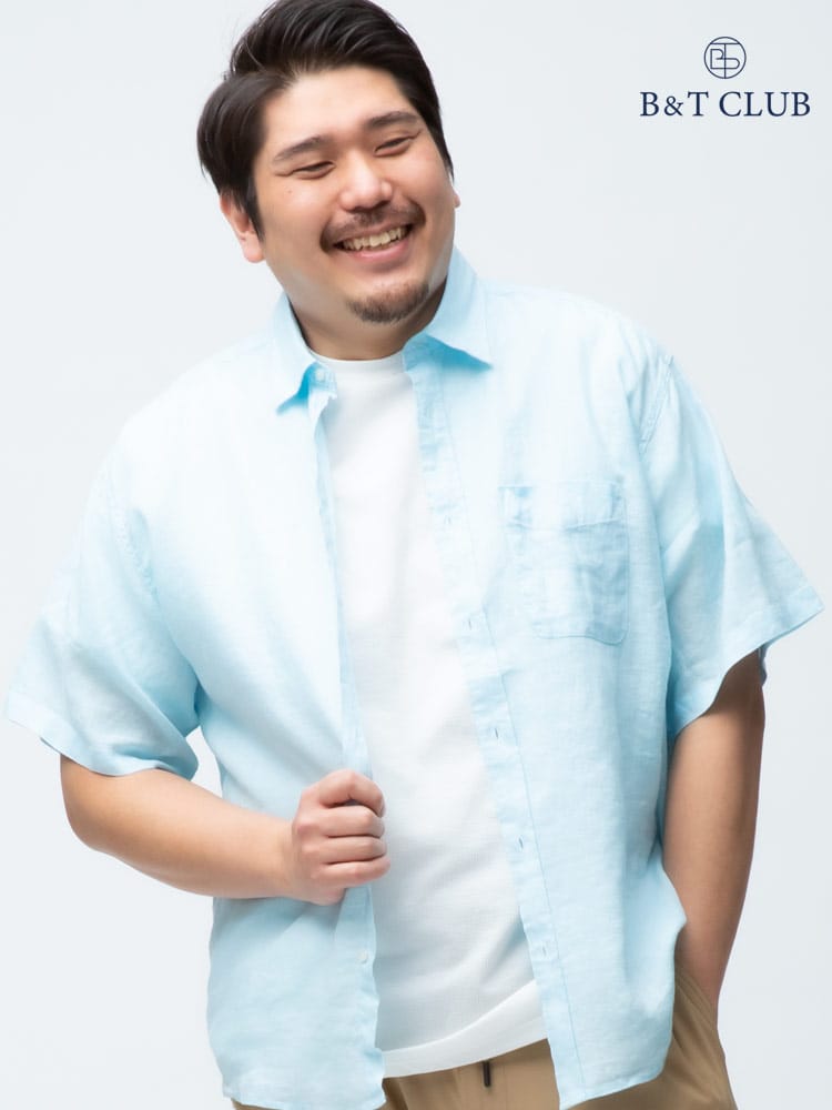 大きいサイズ メンズ B＆T CLUB 抗菌消臭テープ 麻100％ 無地 レギュラーカラー 半袖シャツ