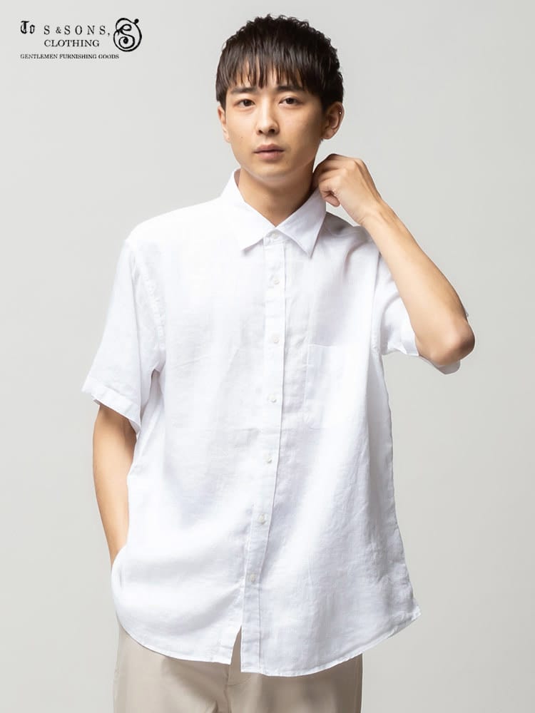 S＆SONS (エスアンドサンズ) 麻100％ 無地 ポケット レギュラーカラー 半袖 シャツ