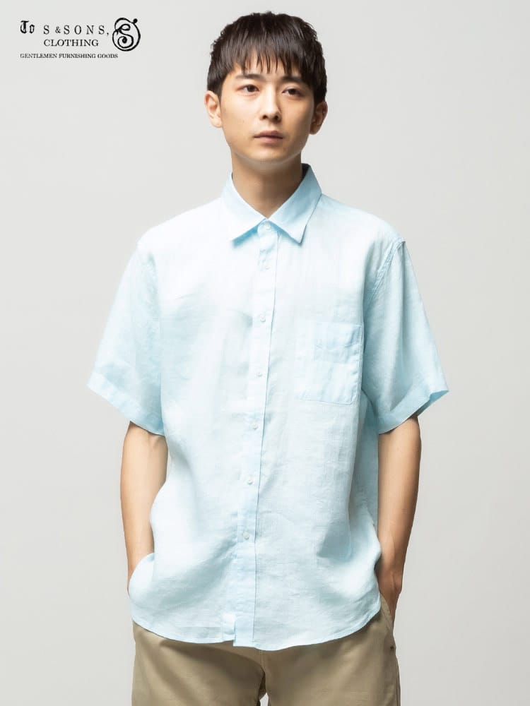 S＆SONS (エスアンドサンズ) 麻100％ 無地 ポケット レギュラーカラー 半袖 シャツ