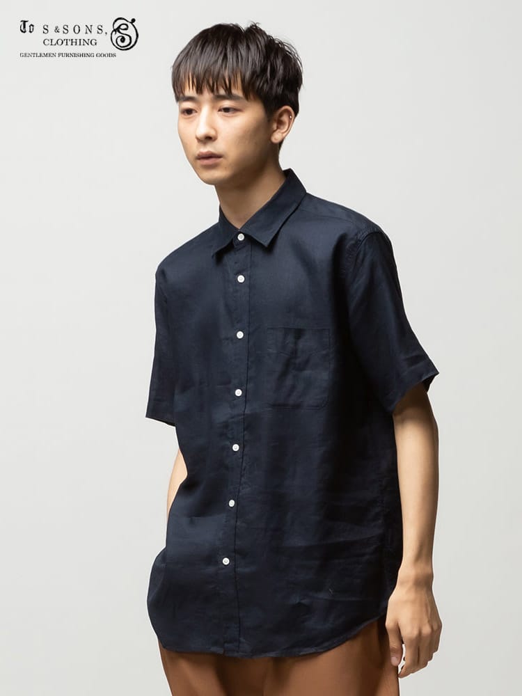 S＆SONS (エスアンドサンズ) 麻100％ 無地 ポケット レギュラーカラー 半袖 シャツ