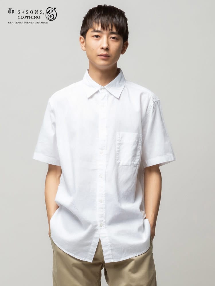 S＆SONS (エスアンドサンズ) 綿麻 ナチュラルストレッチ 無地 ポケット 半袖 シャツ