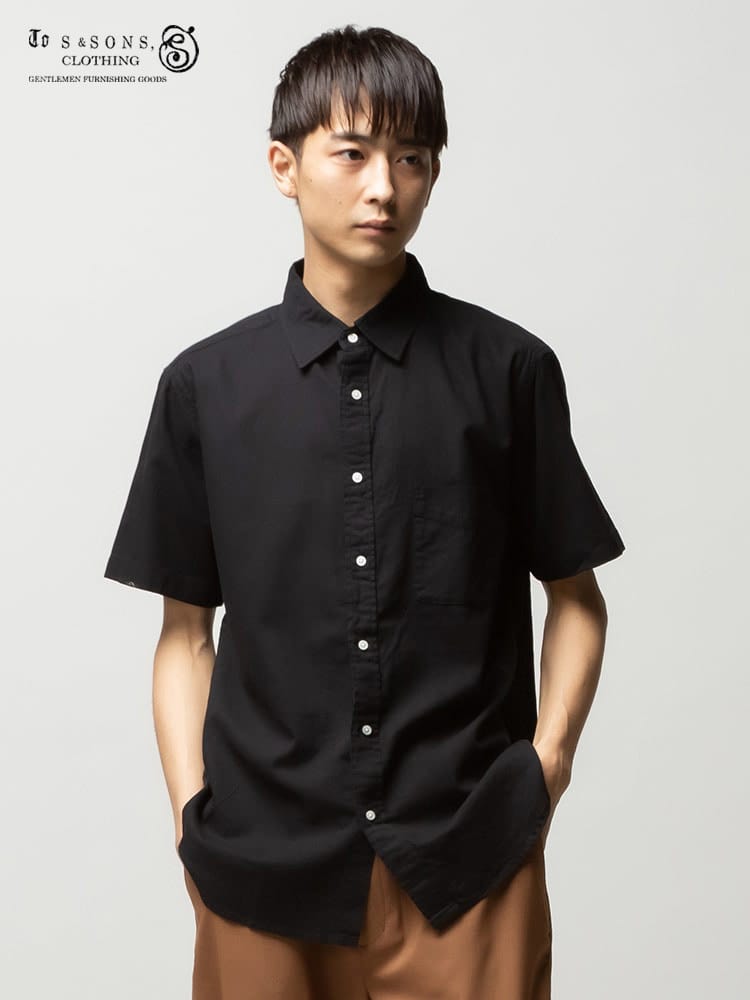 S＆SONS (エスアンドサンズ) 綿麻 ナチュラルストレッチ 無地 ポケット 半袖 シャツ