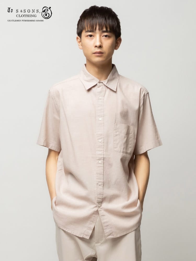 S＆SONS (エスアンドサンズ) 綿麻 ナチュラルストレッチ 無地 ポケット 半袖 シャツ