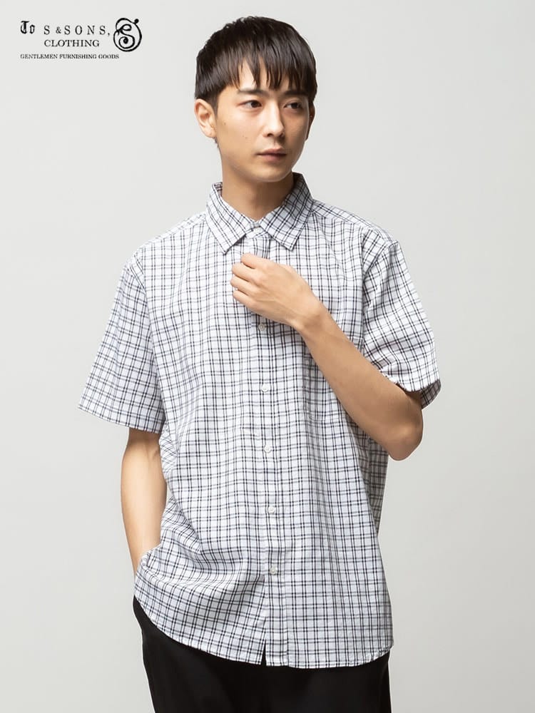 S＆SONS (エスアンドサンズ) 綿麻 ナチュラルストレッチ チェック ポケット 半袖 シャツ