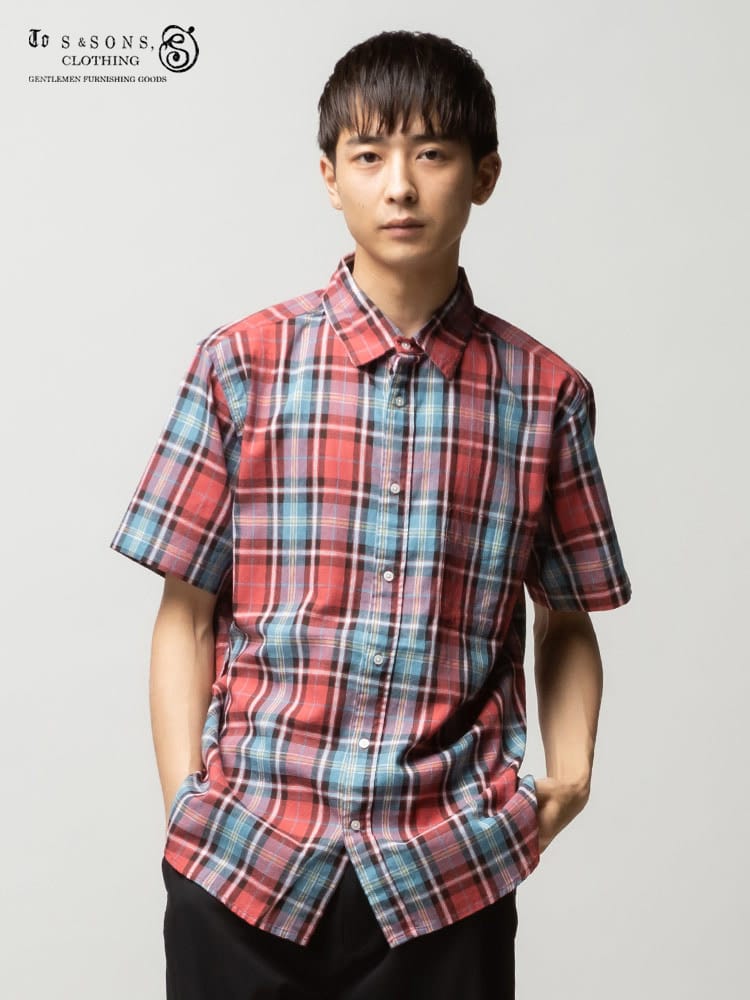 S＆SONS (エスアンドサンズ) 綿麻 ナチュラルストレッチ チェック ポケット 半袖 シャツ
