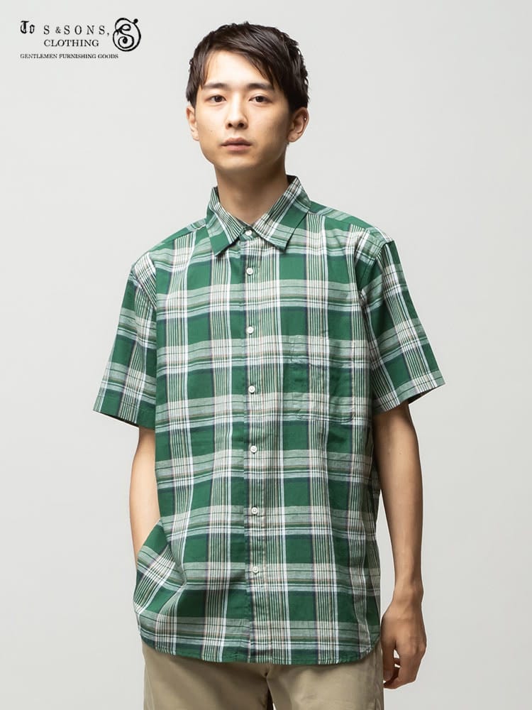 S＆SONS (エスアンドサンズ) 綿麻 ナチュラルストレッチ チェック ポケット 半袖 シャツ