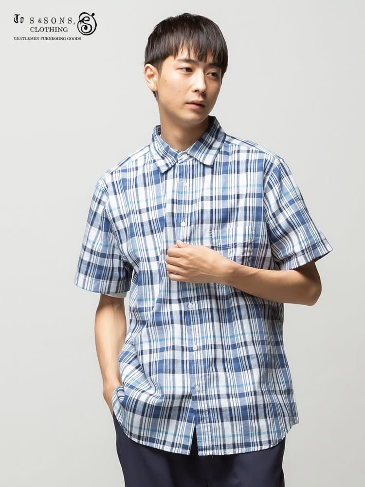 S＆SONS (エスアンドサンズ) 綿麻 ナチュラルストレッチ チェック ポケット 半袖 シャツ