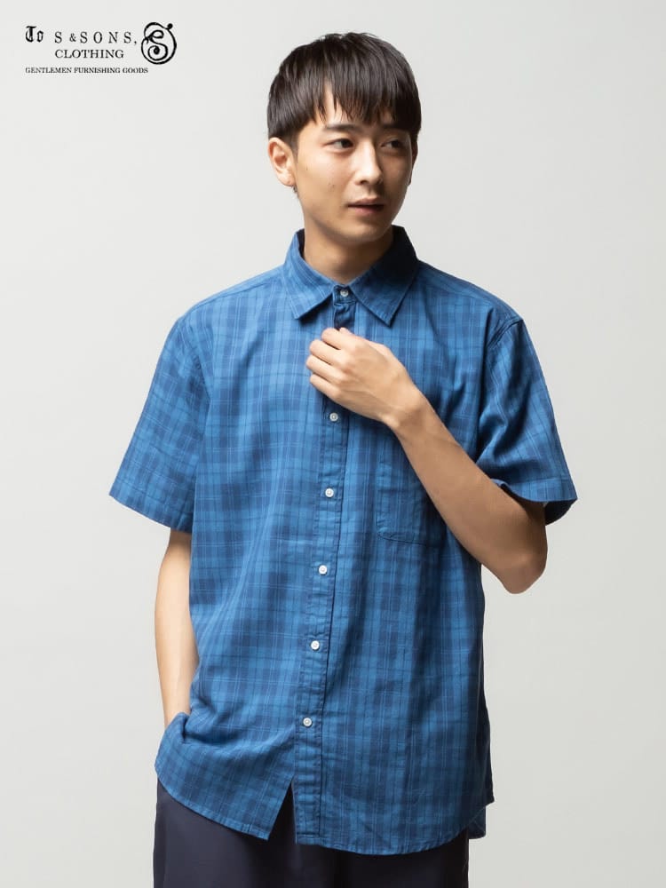 S＆SONS (エスアンドサンズ) 綿麻 ナチュラルストレッチ チェック ポケット 半袖 シャツ