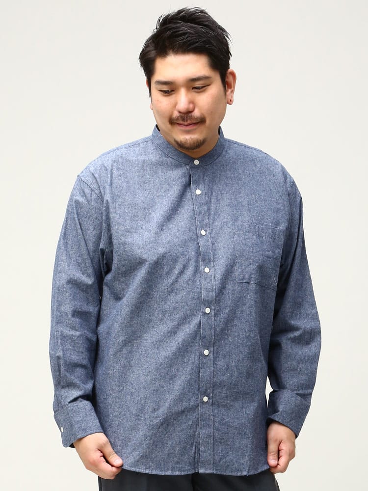 大きいサイズ メンズ B＆T CLUB (ビーアンドティークラブ) 抗菌消臭 バンドカラー 長袖 ダンガリーシャツ