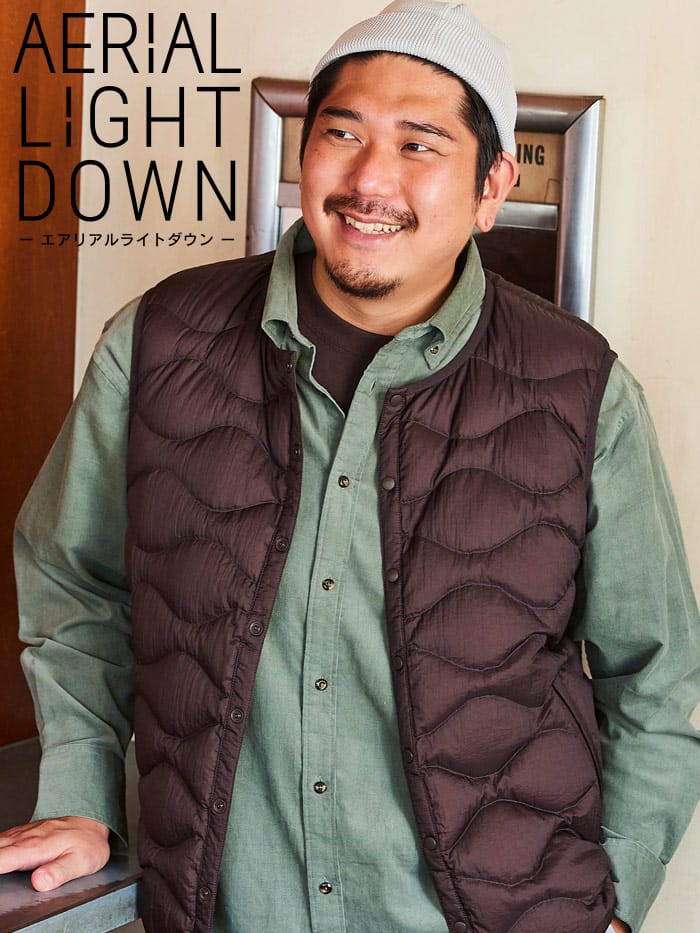 在庫処分 返品交換不可 エアリアルライトダウン ナイロン ウエーブキルト ダウンベスト AERIAL LIGHT DOWN (B＆T CLUB) ビーアンドティークラブ 大きいサイズ メンズ