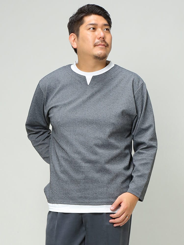 大きいサイズ メンズ B＆T CLUB (ビーアンドティークラブ) バーズアイ ポンチ フェイクレイヤード 長袖 Tシャツ