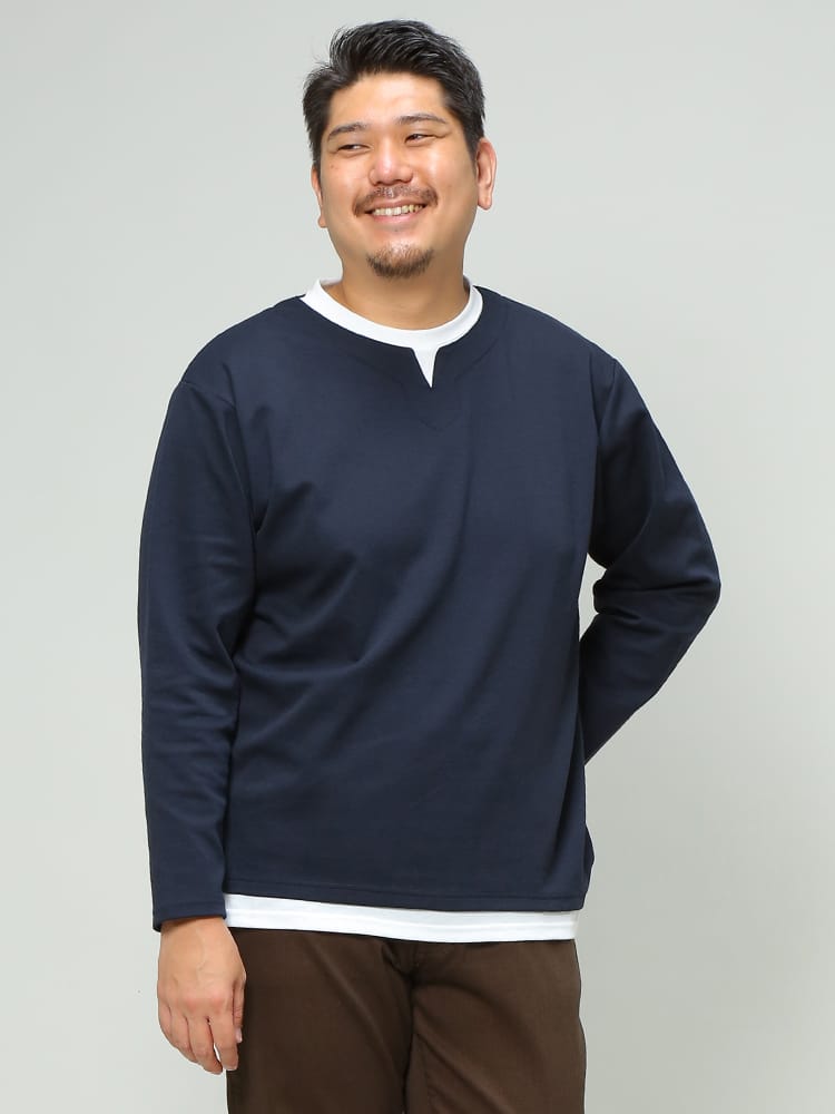 大きいサイズ メンズ B＆T CLUB (ビーアンドティークラブ) バーズアイ ポンチ フェイクレイヤード 長袖 Tシャツ
