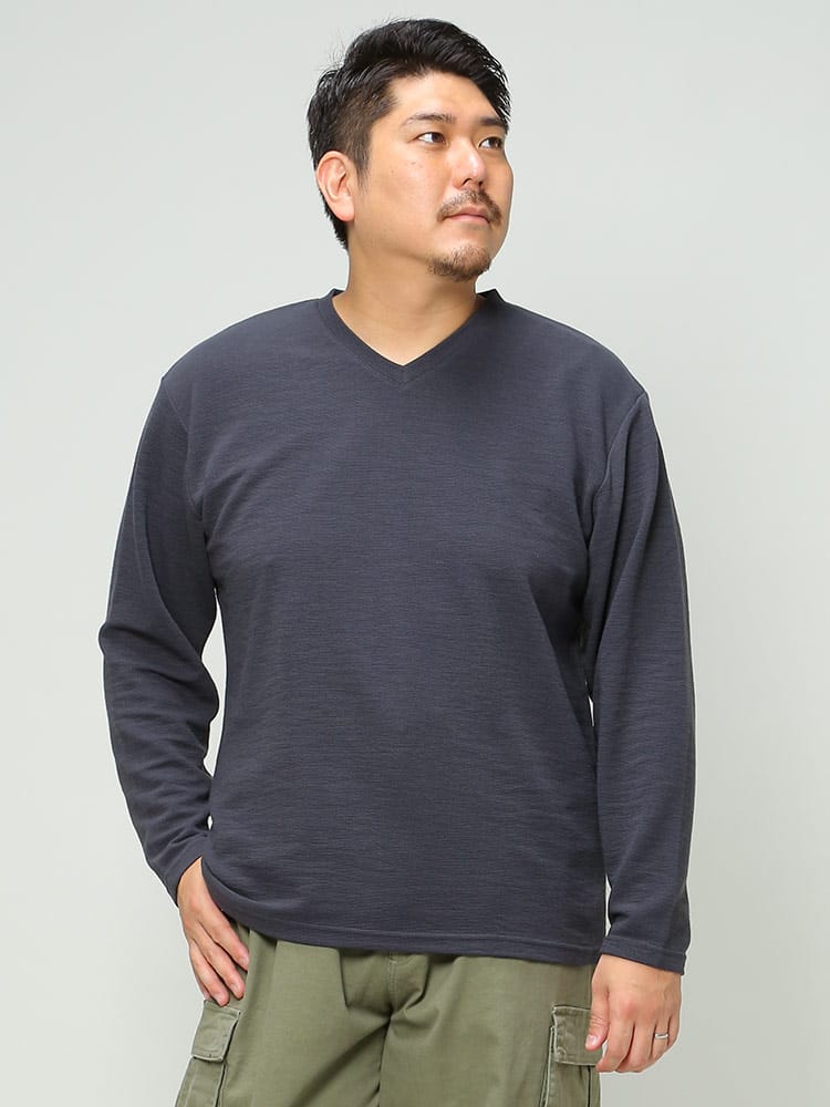在庫処分 返品交換不可 大きいサイズ メンズ B＆T CLUB (ビーアンドティークラブ) リップル Vネック 長袖 Tシャツ