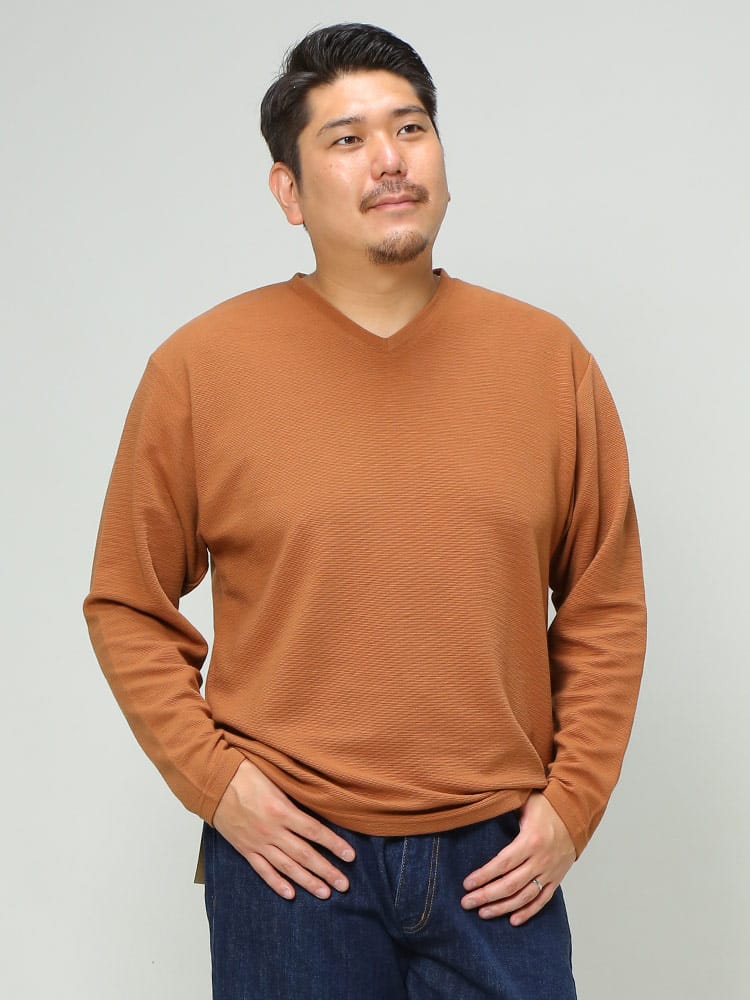 在庫処分 返品交換不可 大きいサイズ メンズ B＆T CLUB (ビーアンドティークラブ) リップル Vネック 長袖 Tシャツ