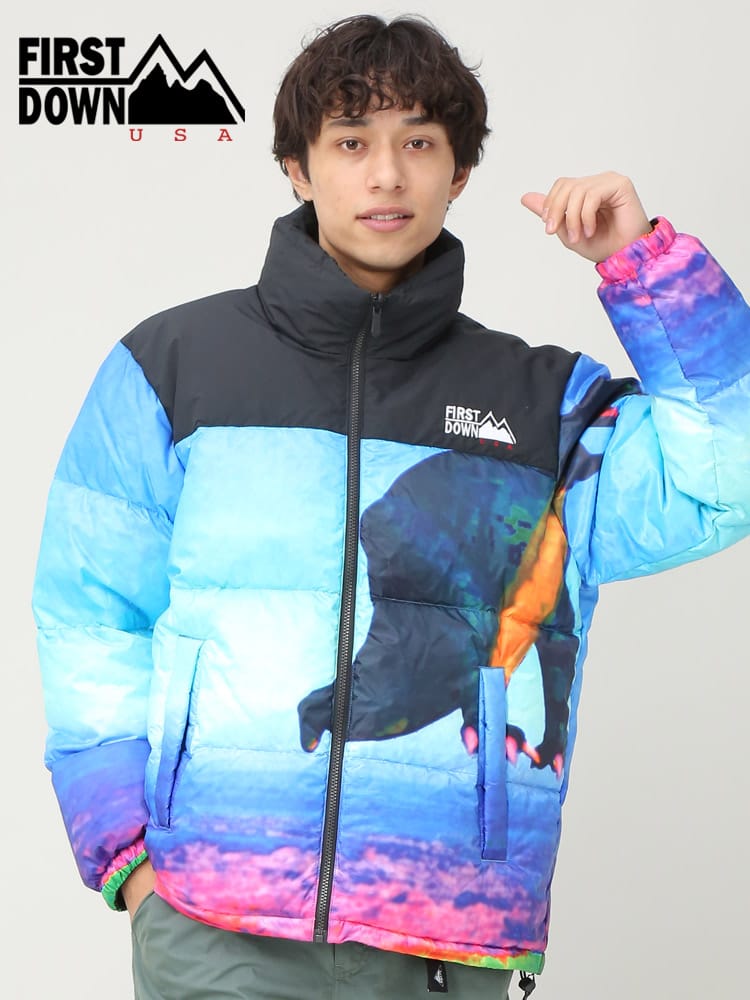 FIRST DOWN USA (ファーストダウンユーエスエー) 切り替え プリント フルジップ ダウンジャケット BUBBLE DOWN JKT DINOSAUR by MIDAS MIYAKE F342566C