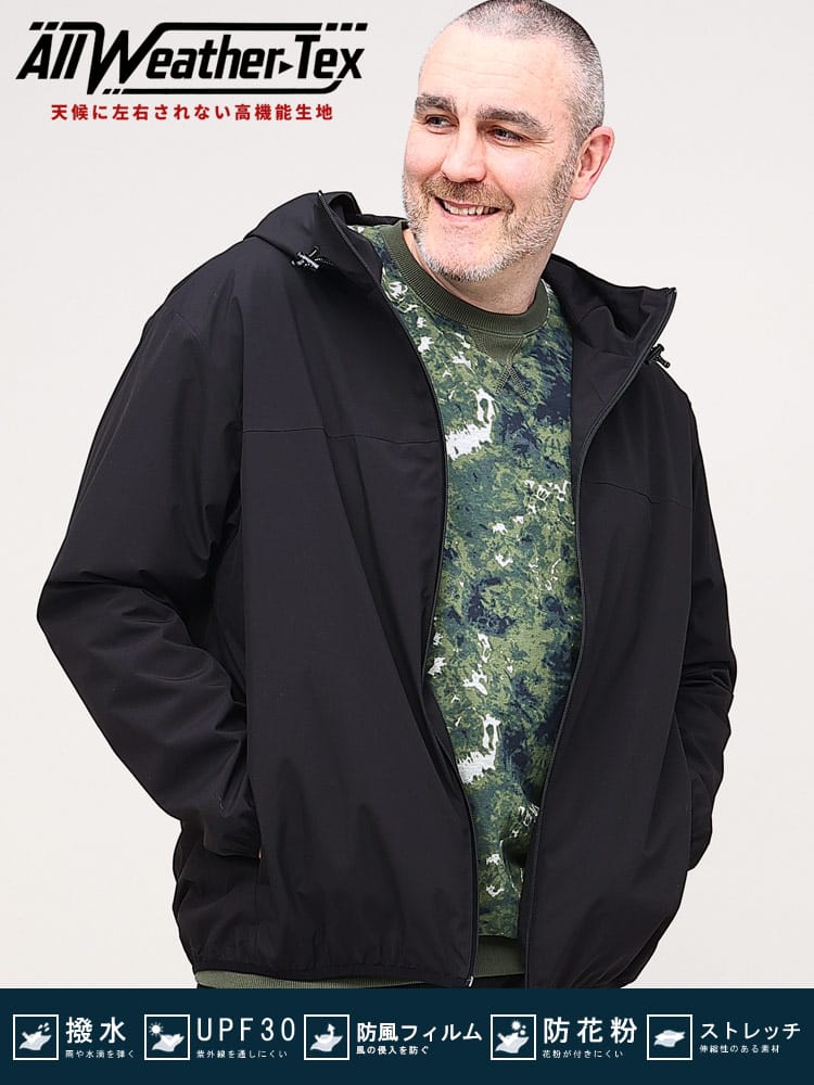 天候に左右されない、高機能性生地「ALL-WEATHER TEX」大きいサイズ メンズ B＆T CLUB (ビー アンド ティークラブ) ストレッチ裏メッシュパーカー オールウェザー 撥水性 防風 防花粉