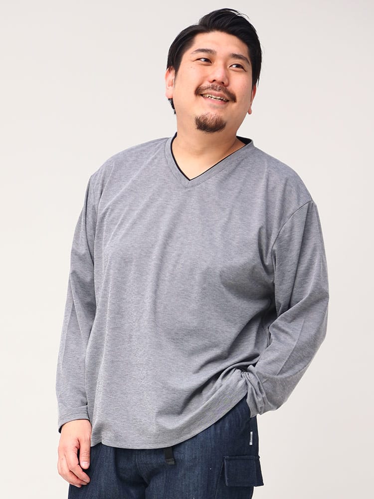 大きいサイズ メンズ B＆T CLUB (ビーアンドティークラブ) シャンブレー 鹿の子 フェイクレイヤード Vネック 長袖 Tシャツ