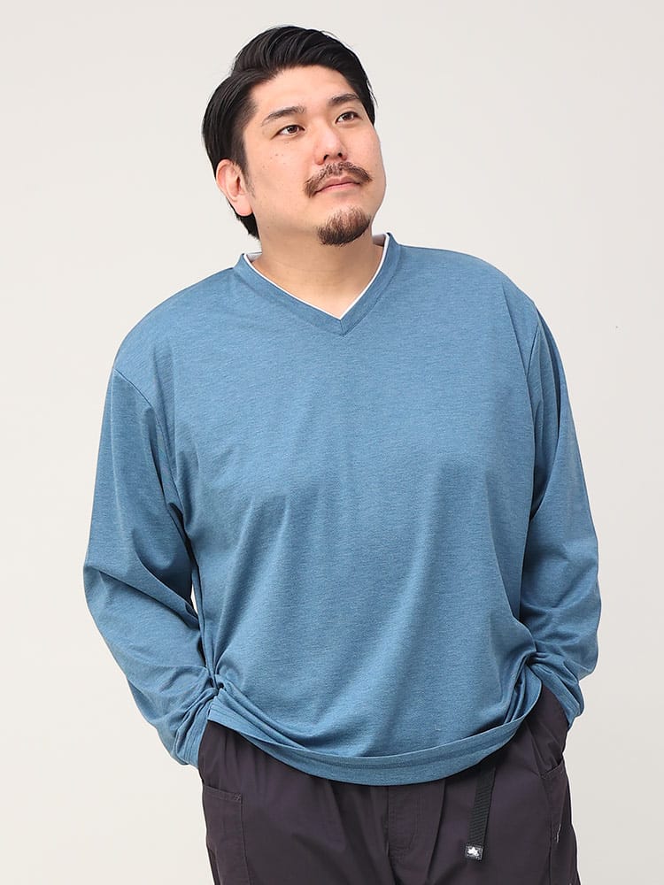 大きいサイズ メンズ B＆T CLUB (ビーアンドティークラブ) シャンブレー 鹿の子 フェイクレイヤード Vネック 長袖 Tシャツ