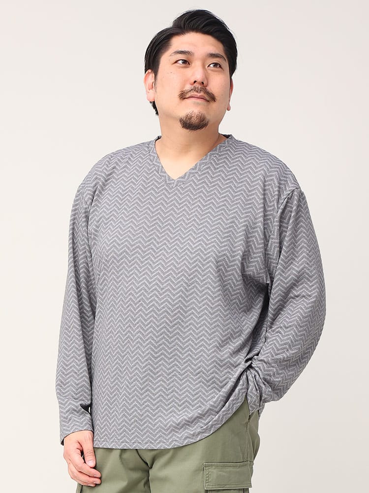 在庫処分 返品交換不可 大きいサイズ メンズ B＆T CLUB (ビーアンドティークラブ) ヘリンボン ジャガード Vネック 長袖 Tシャツ