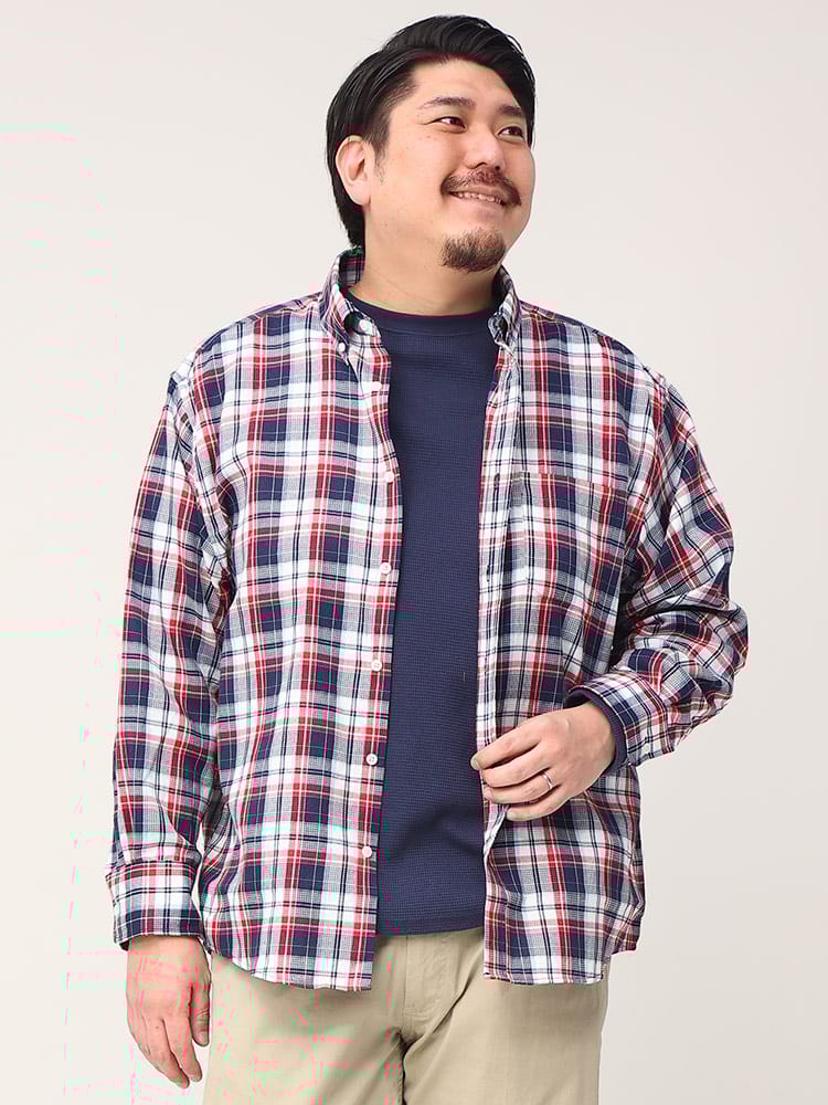大きいサイズ メンズ B＆T CLUB (ビーアンドティークラブ) ワッフル チェック ボタンダウン 長袖 シャツ