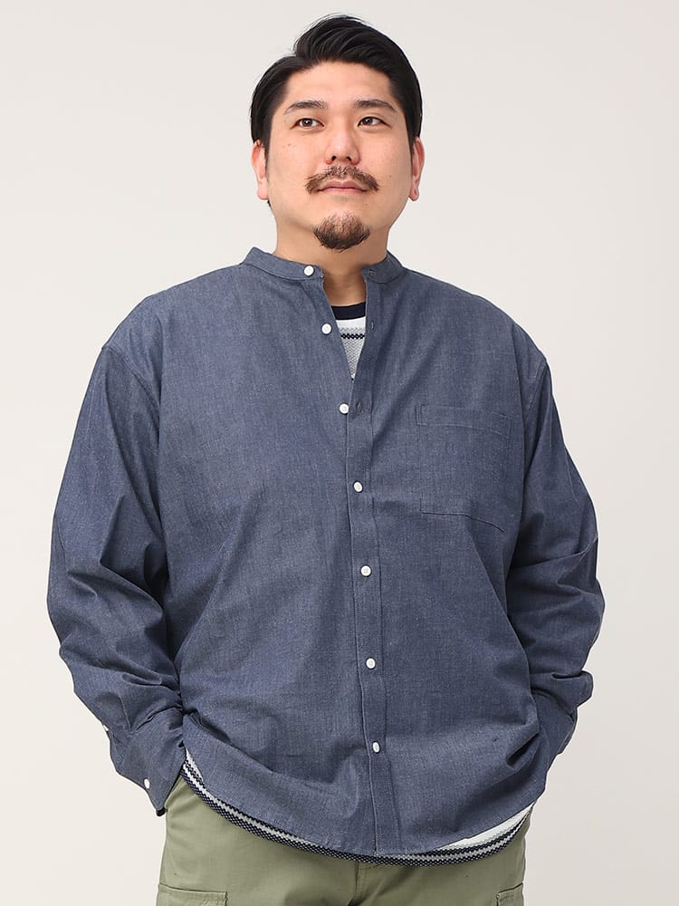 大きいサイズ メンズ B＆T CLUB (ビーアンドティークラブ) ストレッチ シャンブレー バンドカラー 長袖 シャツ