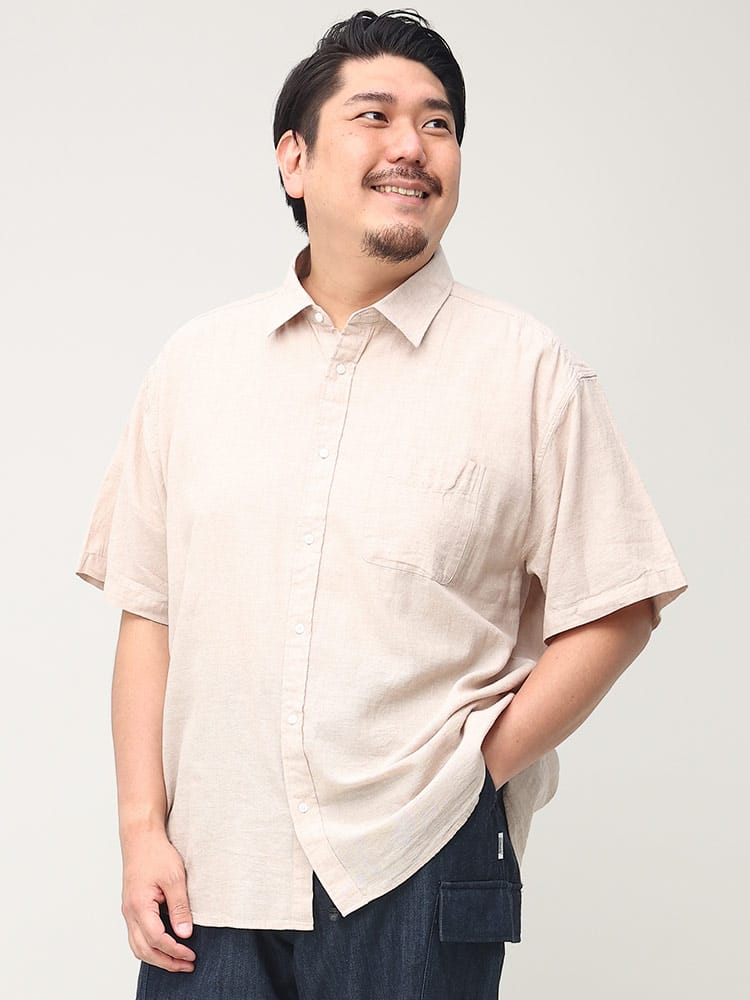 大きいサイズ メンズ B＆T CLUB (ビーアンドティークラブ) 綿麻 無地 半袖 シャツ 麻混 リネン 通気性 涼しい 夏シャツ