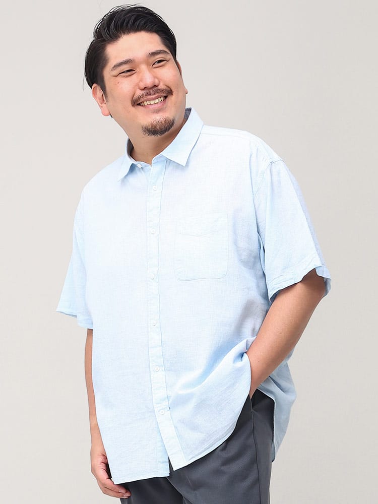 大きいサイズ メンズ B＆T CLUB (ビーアンドティークラブ) 綿麻 無地 半袖 シャツ 麻混 リネン 通気性 涼しい 夏シャツ