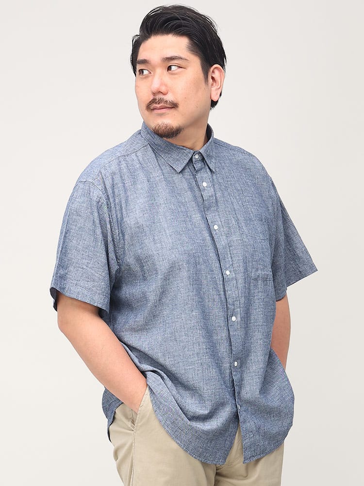 大きいサイズ メンズ B＆T CLUB (ビーアンドティークラブ) 綿麻 無地 半袖 シャツ 麻混 リネン 通気性 涼しい 夏シャツ