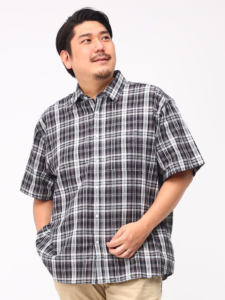 大きいサイズ メンズ B＆T CLUB (ビーアンドティークラブ) 綿麻 チェック柄 レギュラー 半袖 シャツ