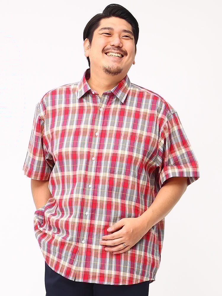 大きいサイズ メンズ B＆T CLUB (ビーアンドティークラブ) 綿麻 チェック柄 レギュラー 半袖 シャツ