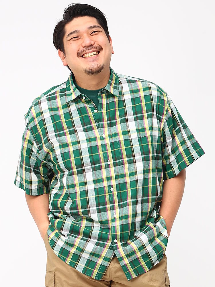 大きいサイズ メンズ B＆T CLUB (ビーアンドティークラブ) 綿麻 チェック柄 レギュラー 半袖 シャツ