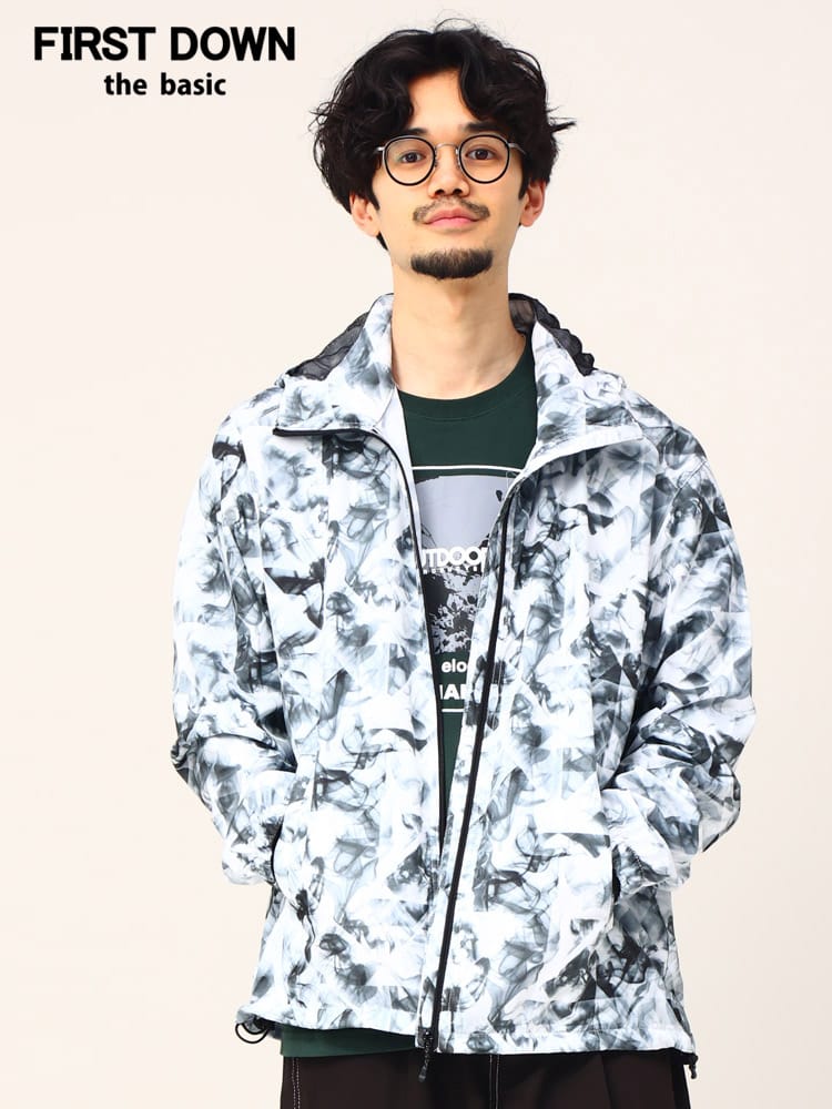 FIRST DOWN BASIC (ファーストダウンベーシック) 撥水 ポケッタブル 総柄プリント フルジップ ウィンドブレーカー ナイロンジャケット