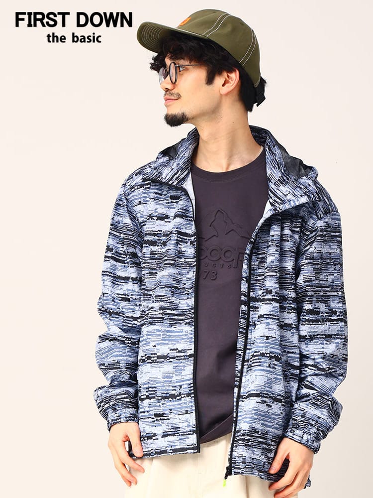 FIRST DOWN BASIC (ファーストダウンベーシック) 撥水 ポケッタブル 総柄プリント フルジップ ウィンドブレーカー ナイロンジャケット